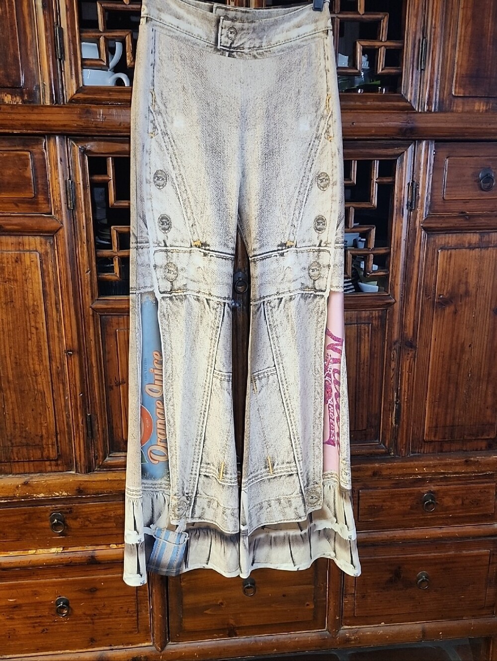 IPNG Distressed Light Gray Wide-Leg Palazzo with Side Panel Accents
